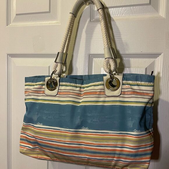 Coach  Fabric  Nautical Striped pastel Multicolor shoulder bag leather straps - Picture 2 of 13